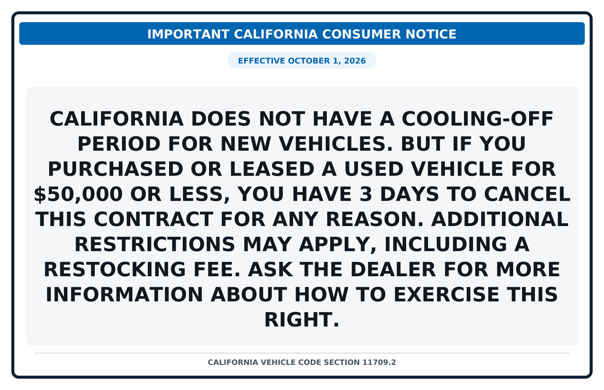 California SB 766 dealership notice printed on an 11 x 17 rigid plastic sign