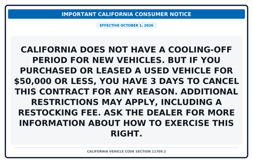California SB 766 dealership notice printed on an 11 x 17 rigid plastic sign